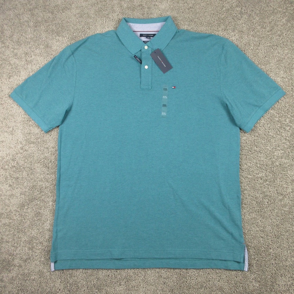 Tommy Hilfiger Polo Shirt Mens 2XL Blue Teal Classic Fit Pique Golf Tennis NEW